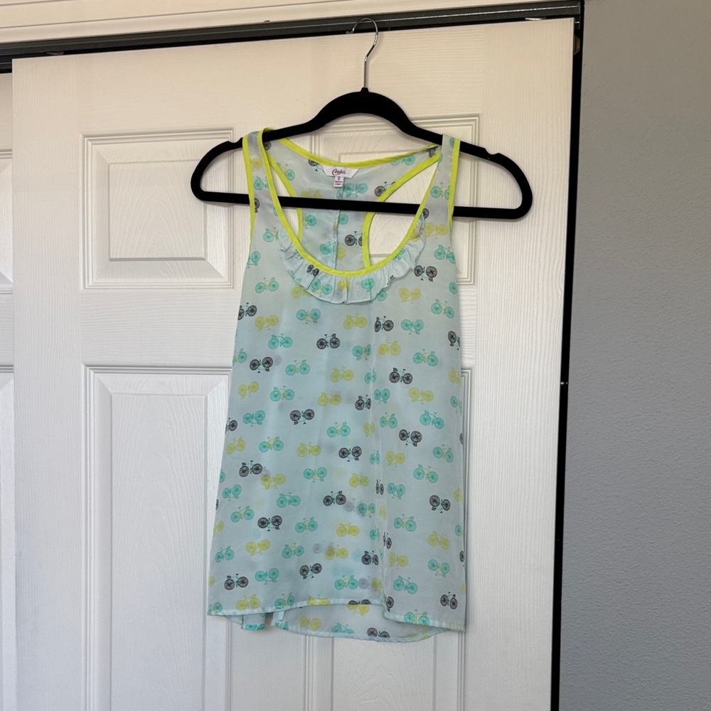 Candie's Mint Bicycle Print Tank with Neon Yellow Trim
